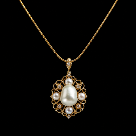 Classical-Style Gold-Engraved Australian Seawater Keshi Pearl Pendant (One-of-a-Kind Collector's Item)