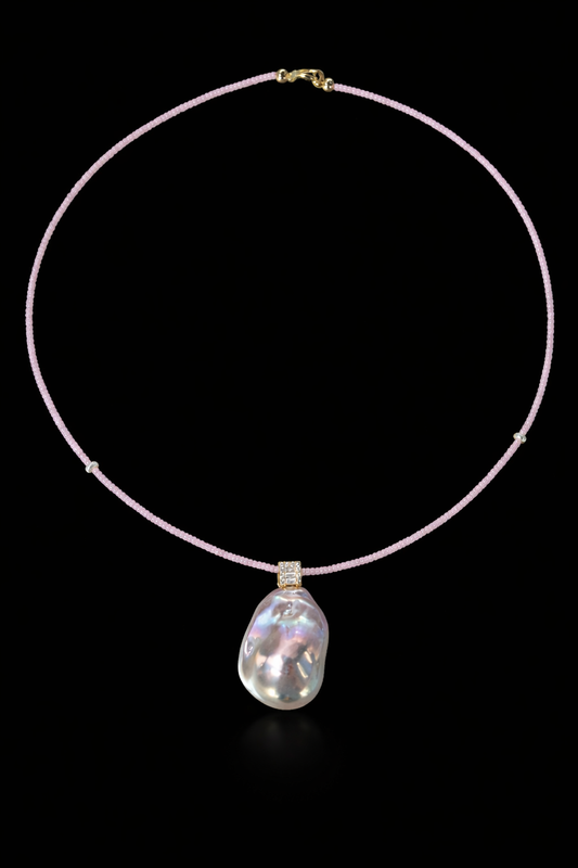 Dreamy Pink Diamond and Rose Quartz Natural Baroque Pearl Necklace