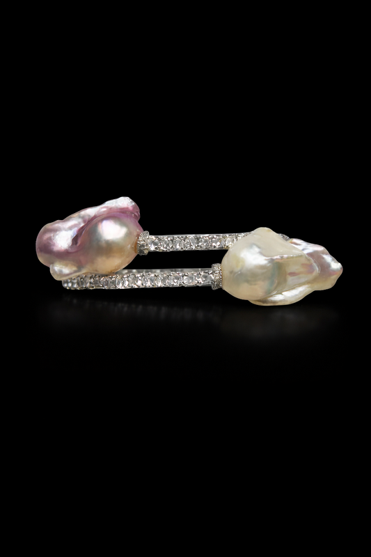 Exclusive Double-Circle Natural Snow-White & Pink-Purple Baroque Pearls, Gorgeous Crystals Diamonds Bracelet