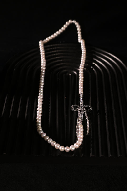 Crystal Silk Ribbon Freshwater Pearl Sweater Chain