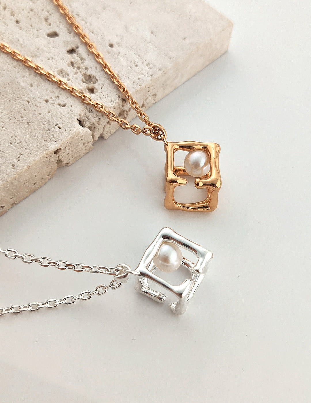 Cube Cage Pearl Necklace