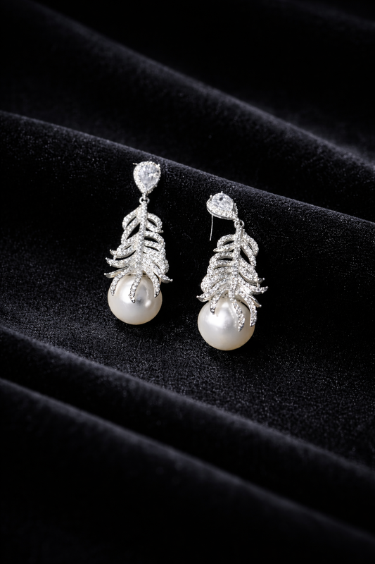 “Angel Wings” Aurora Freshwater Pearl Sterling Silver Feather Design Earrings