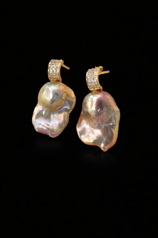 Gold-Green Elegant Rare Glow Natural Freshwater Baroque Pearl Minimalist Stud Earrings in Sterling Silver