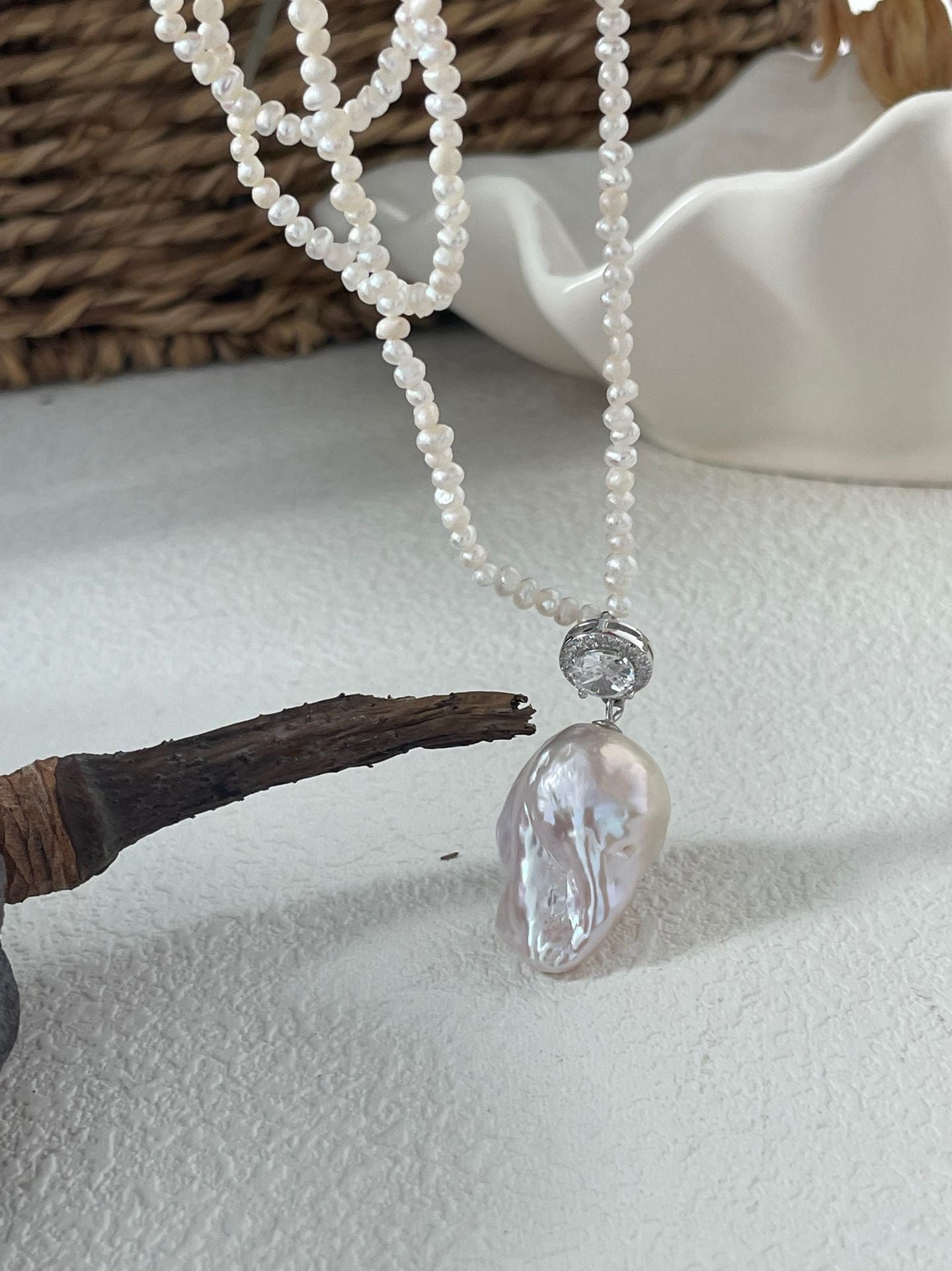 Pink Diamond Peony Bud Baroque Necklace