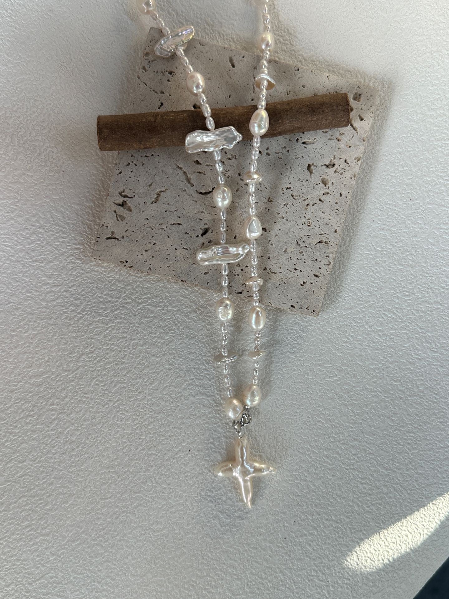 Fishbone Baroque Cross Necklace