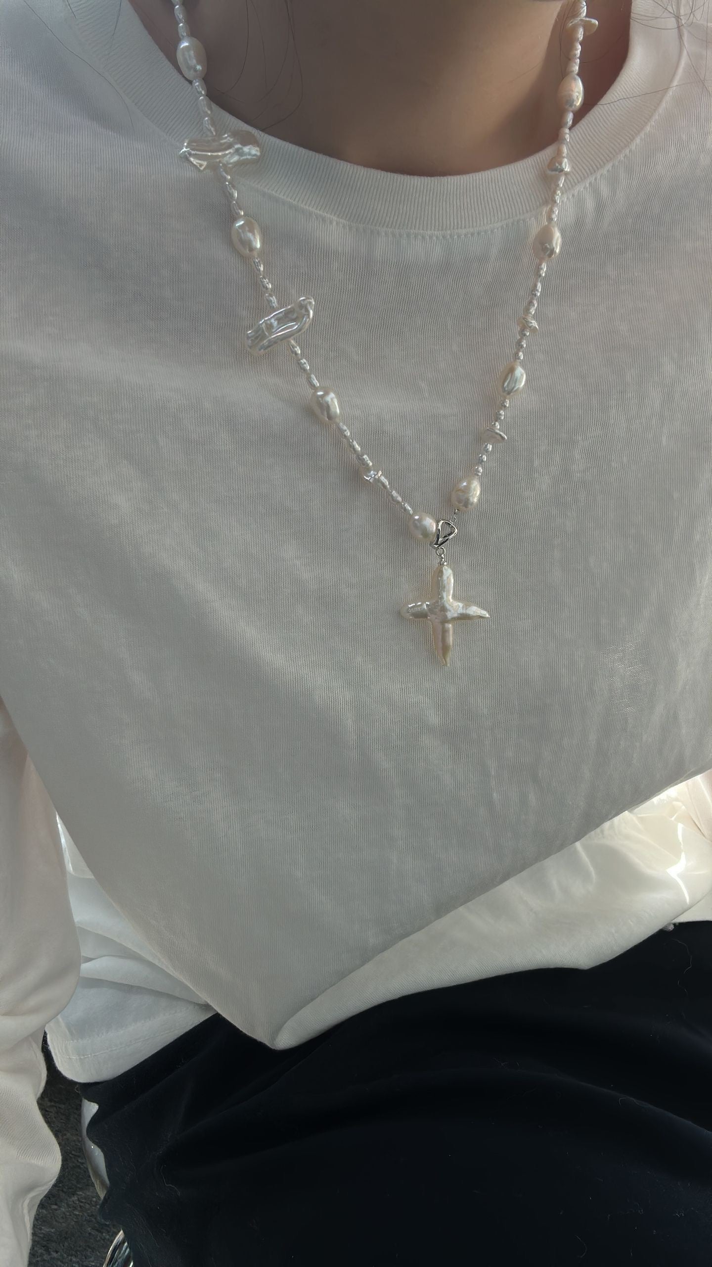 Fishbone Baroque Cross Necklace
