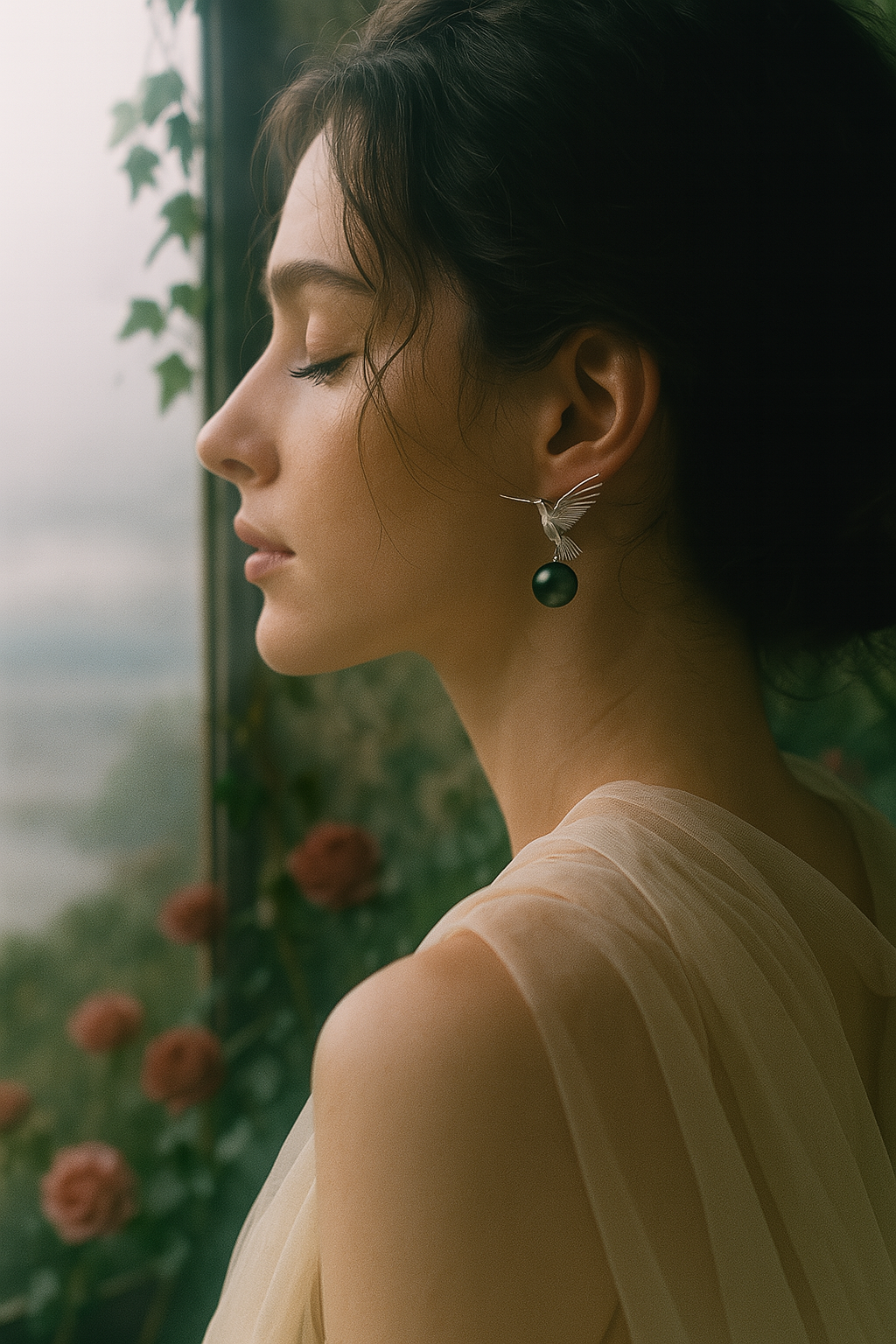 “A mist on the sea where the hummingbirds fly” Handmade gold and silver carved hummingbird pearl earrings