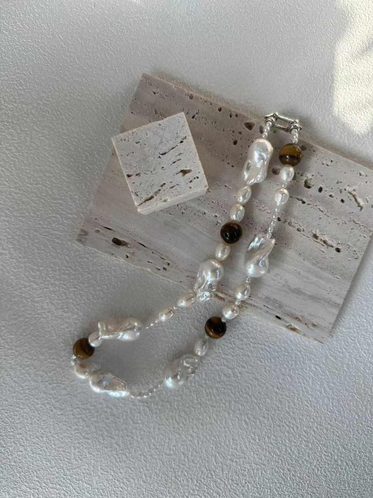 ‘Amber Sunset’ Tiger Stone&Baroque Bracelet & Necklace
