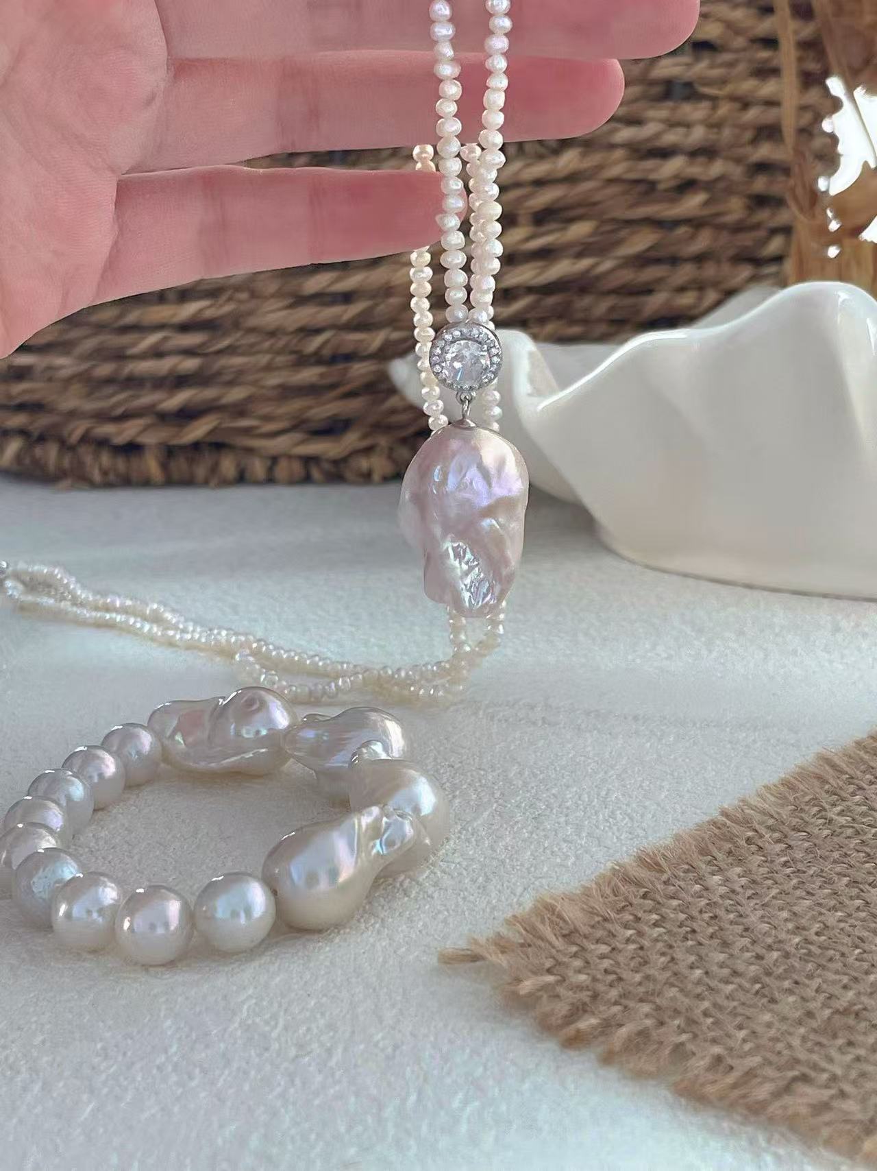 Pink Diamond Peony Bud Baroque Necklace