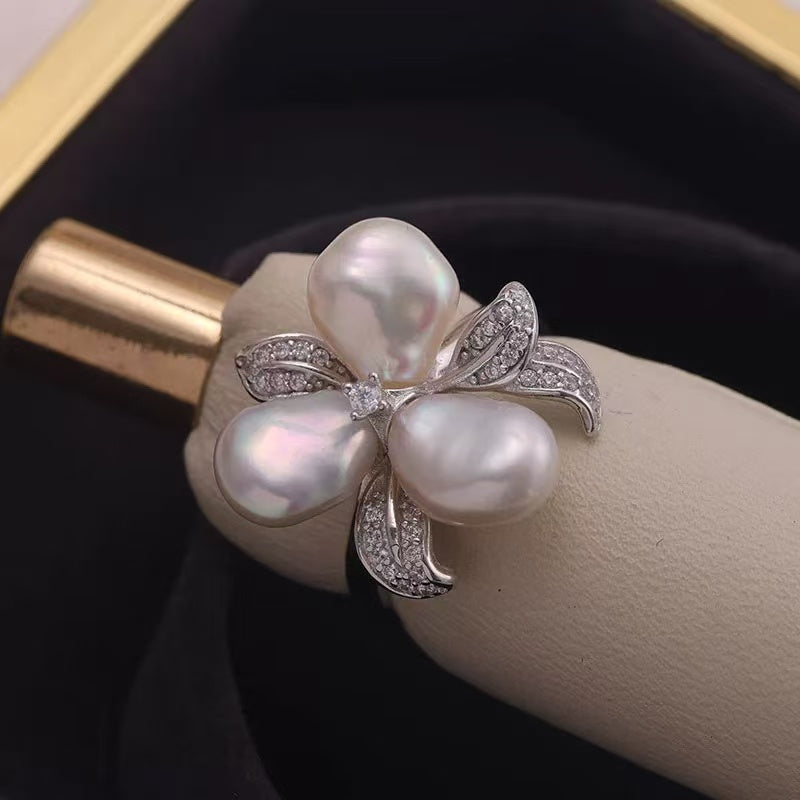 'Sakura whispering' freshwater three-leaf petal keshi pearl stud earrings & ring set