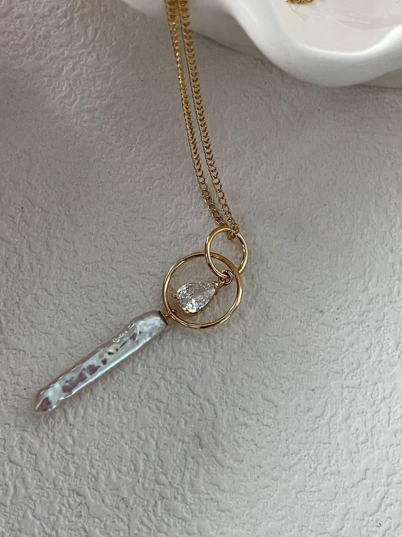 ‘Milky Way and Starlight’ Silver Needle Baroque Pearl & Teardrop Diamond Pendant
