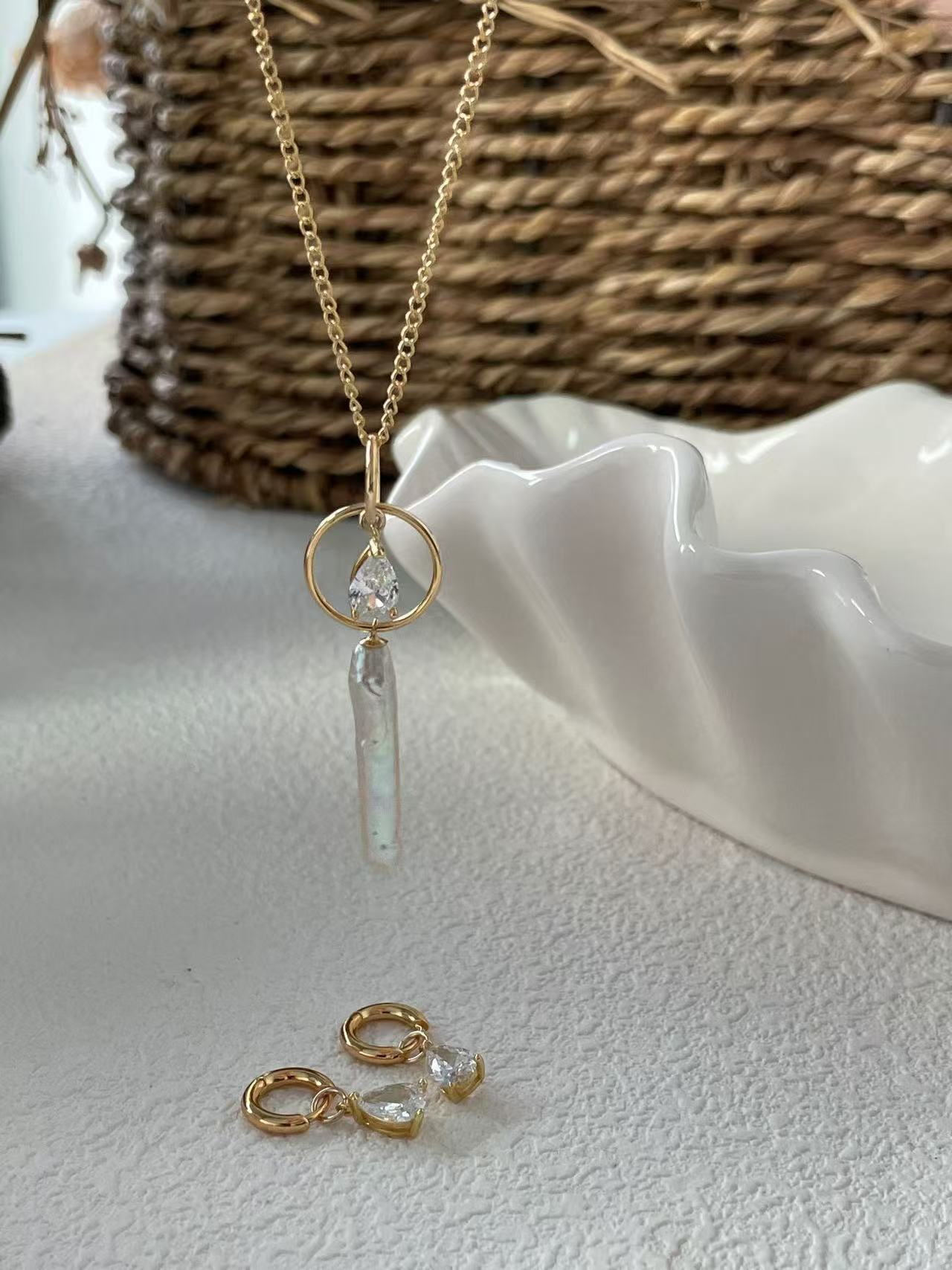 ‘Milky Way and Starlight’ Silver Needle Baroque Pearl & Teardrop Diamond Pendant