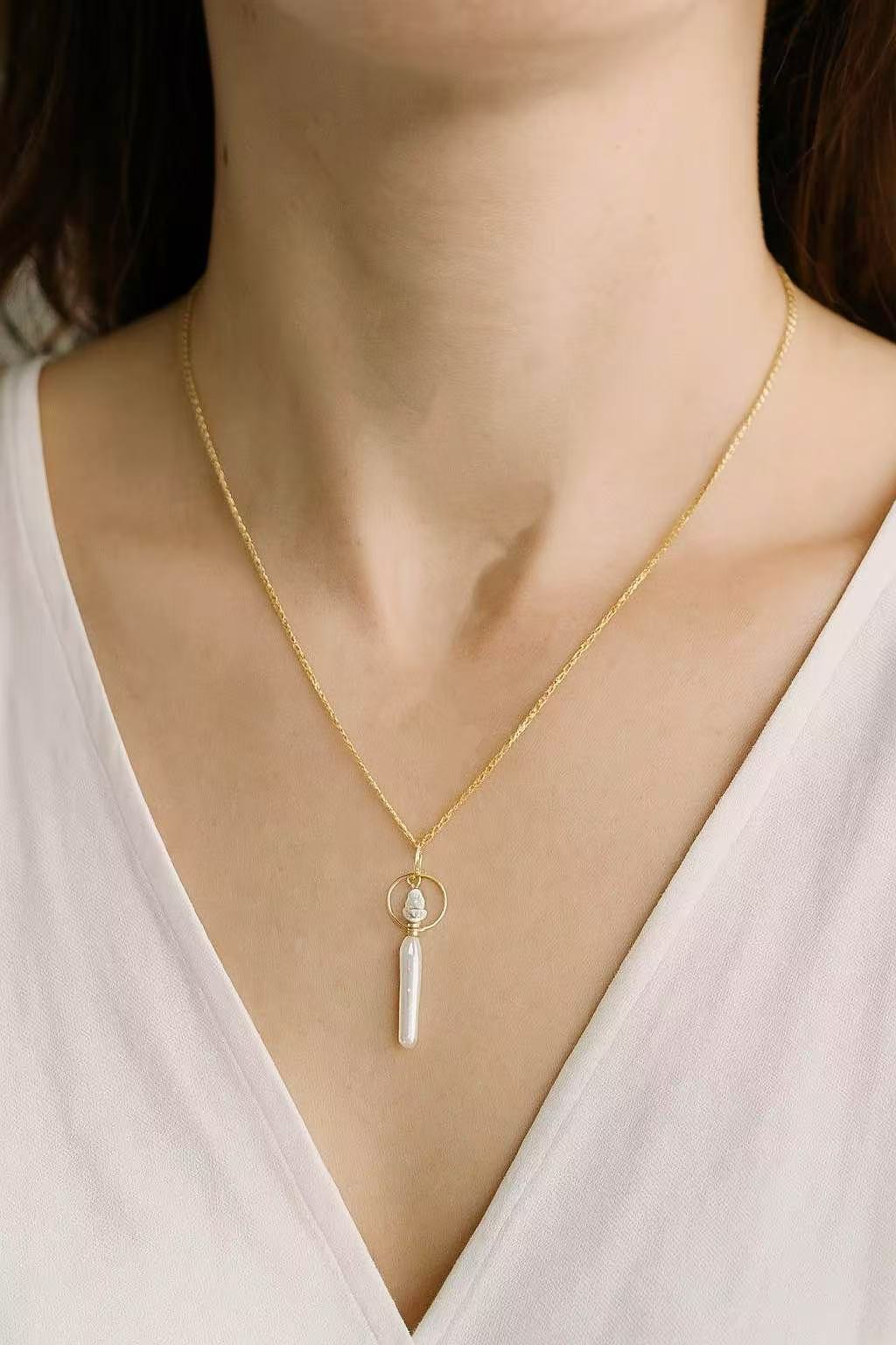 ‘Milky Way and Starlight’ Silver Needle Baroque Pearl & Teardrop Diamond Pendant