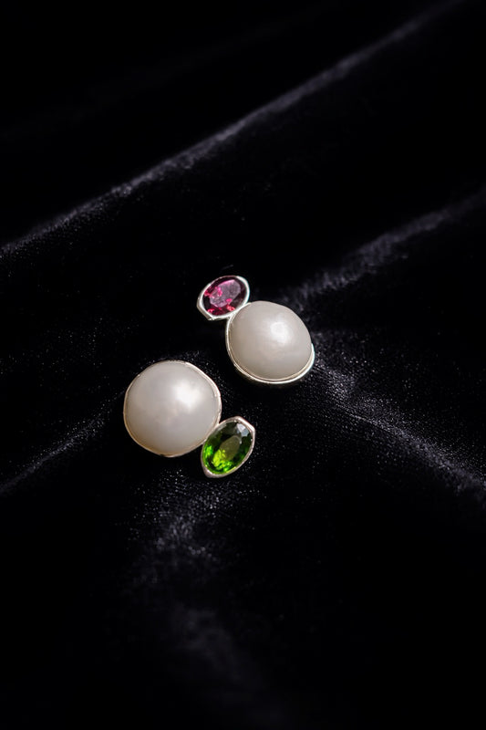‘Dual Lumina’ Blue Blood Australian White Pearl & Ruby & Emerald AB Earrings