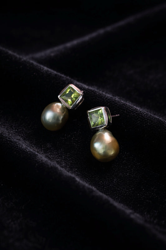 ‘Vineyard’ Natural Green Peridot & White Australian Opal Stud Earrings