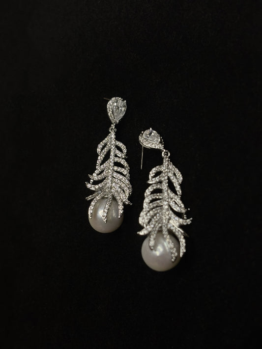 “Angel Wings” Aurora Freshwater Pearl Sterling Silver Feather Design Earrings