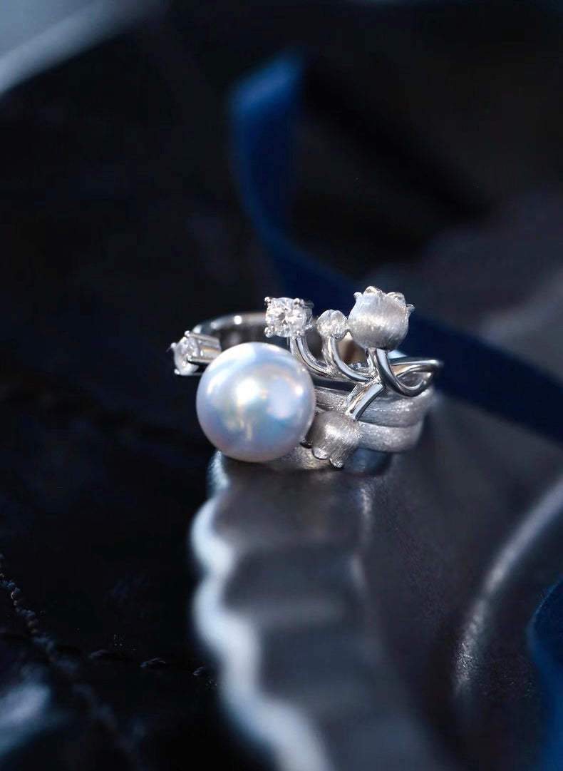 Blue Lily of the valley Akoya Pearl Ring