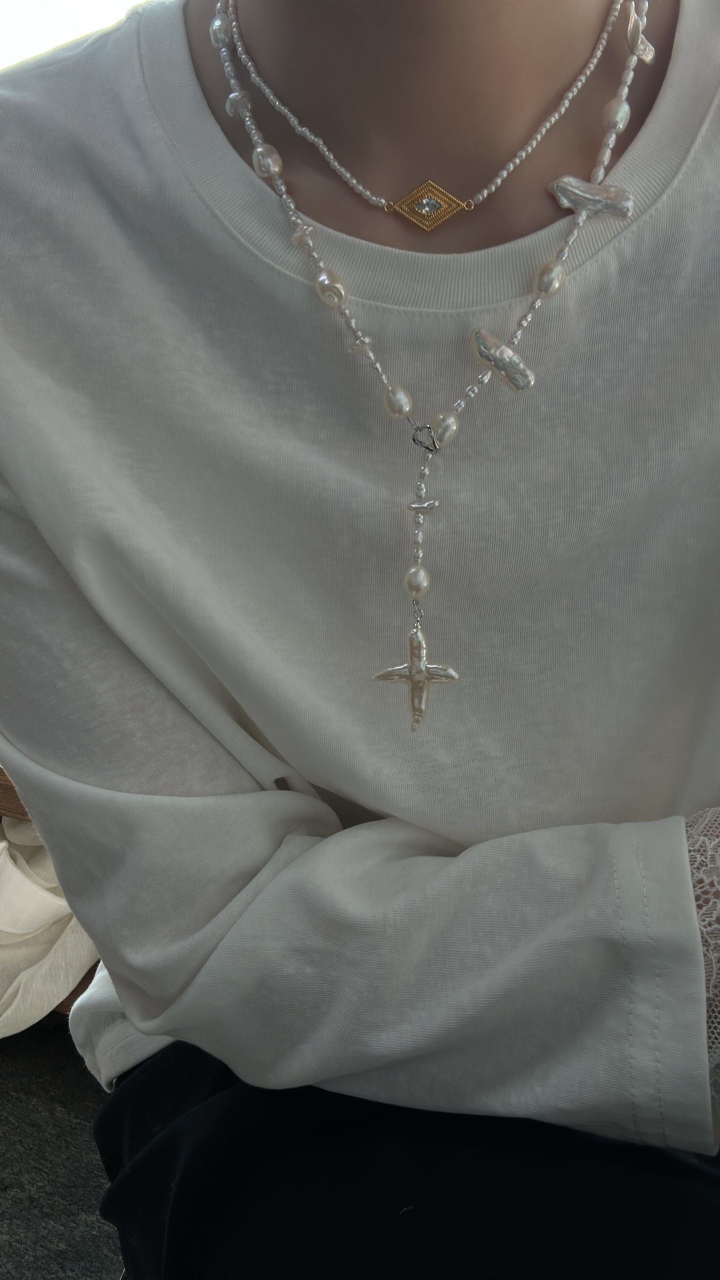 Fishbone Baroque Cross Necklace