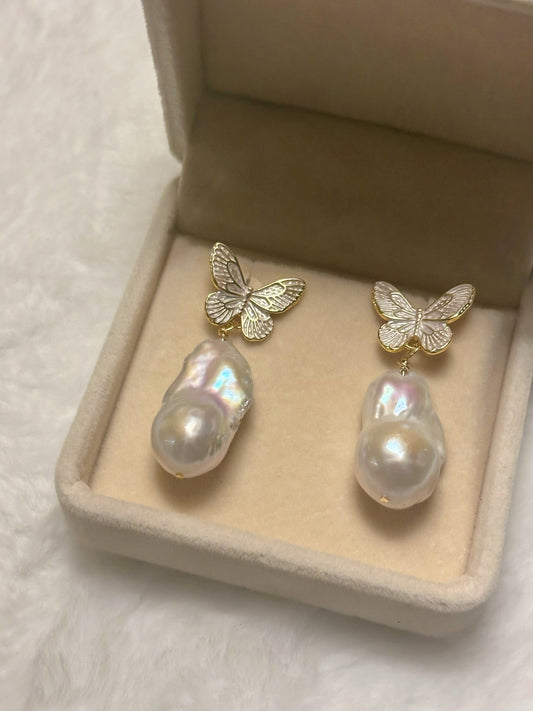 "Classical Butterfly" Baroque Earrings with Ancient Roman Carving of a Golden Butterfly