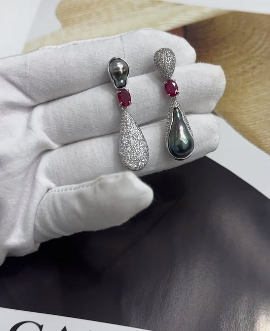 Seawater Tahitian Keshi Pearl Vintage Victorian Sterling Silver Earrings