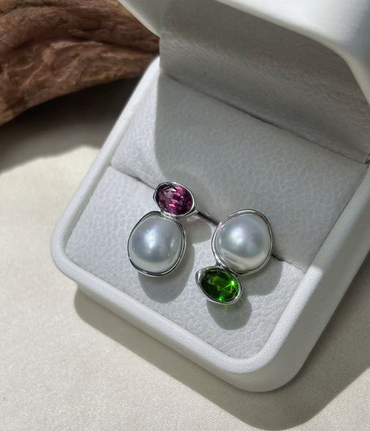 ‘Dual Lumina’ Blue Blood Australian White Pearl & Ruby & Emerald AB Earrings