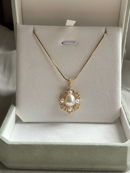 Classical-Style Gold-Engraved Australian Seawater Keshi Pearl Pendant (One-of-a-Kind Collector's Item)
