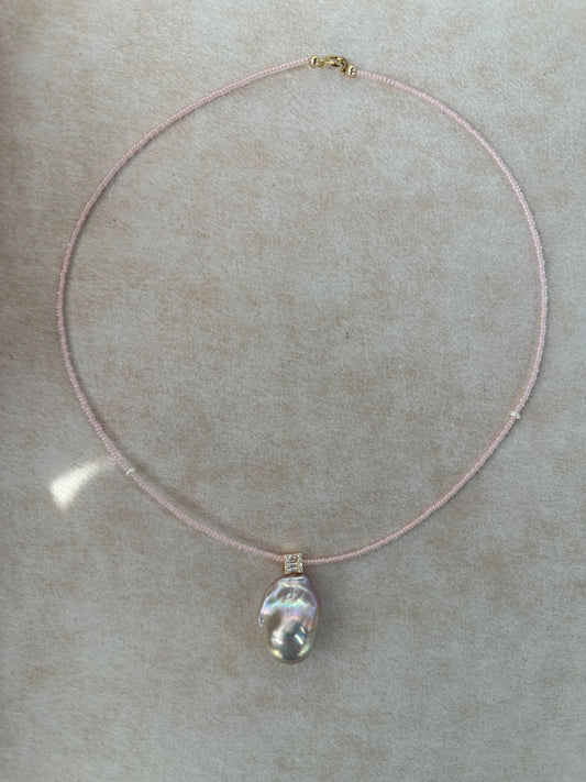Dreamy Pink Diamond and Rose Quartz Natural Baroque Pearl Necklace