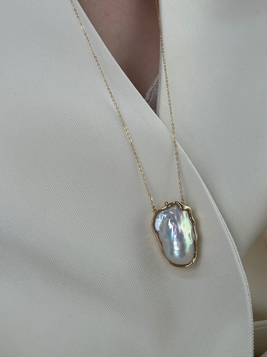Natural Blue Blood Baroque Pearl 14K Gold Bezel-Set Handcrafted Pendant