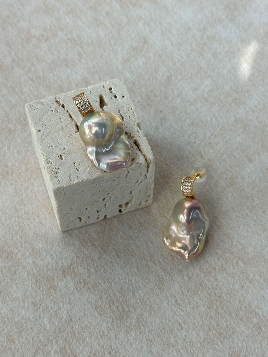 Gold-Green Elegant Rare Glow Natural Freshwater Baroque Pearl Minimalist Stud Earrings in Sterling Silver