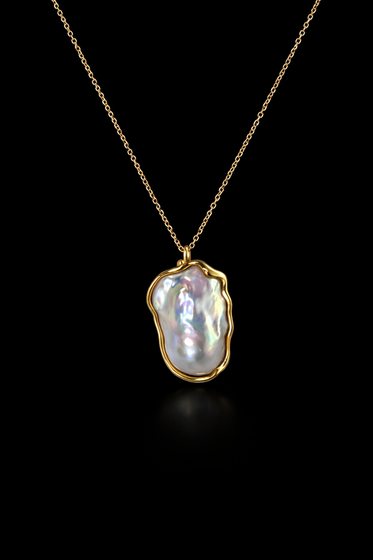 Natural Blue Blood Baroque Pearl 14K Gold Bezel-Set Handcrafted Pendant