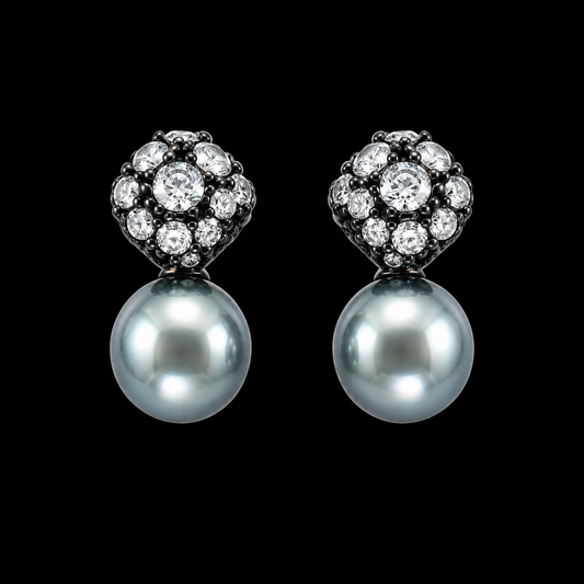 “Blue Shore” Blue-Green Iridescent Platinum Gray Tahitian Pearl Earrings