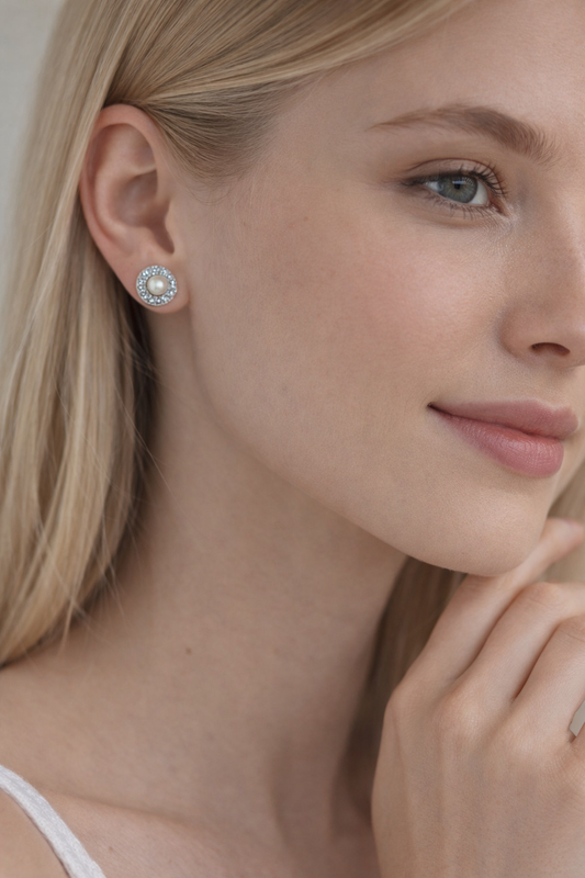 “Snow Mirror” Sterling Silver Diamond Star Freshwater Pearl Stud Earrings