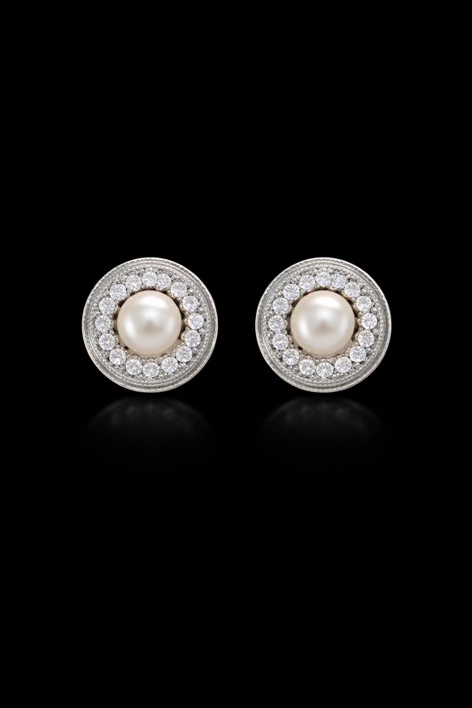 “Snow Mirror” Sterling Silver Diamond Star Freshwater Pearl Stud Earrings