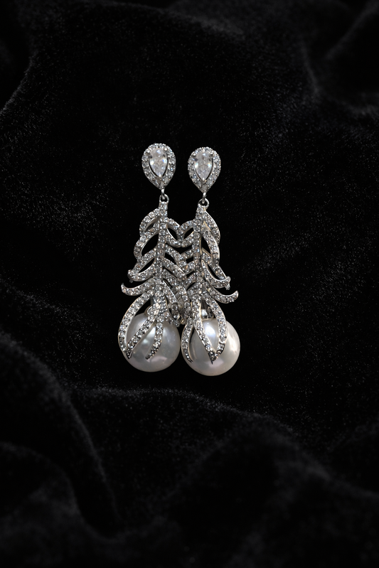 “Angel Wings” Aurora Freshwater Pearl Sterling Silver Feather Design Earrings