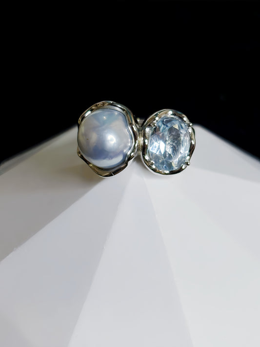 'Pure Encounter' Blue Blood Sea Water Australian White Pearl & Aquamarine Twin-Stone Ring