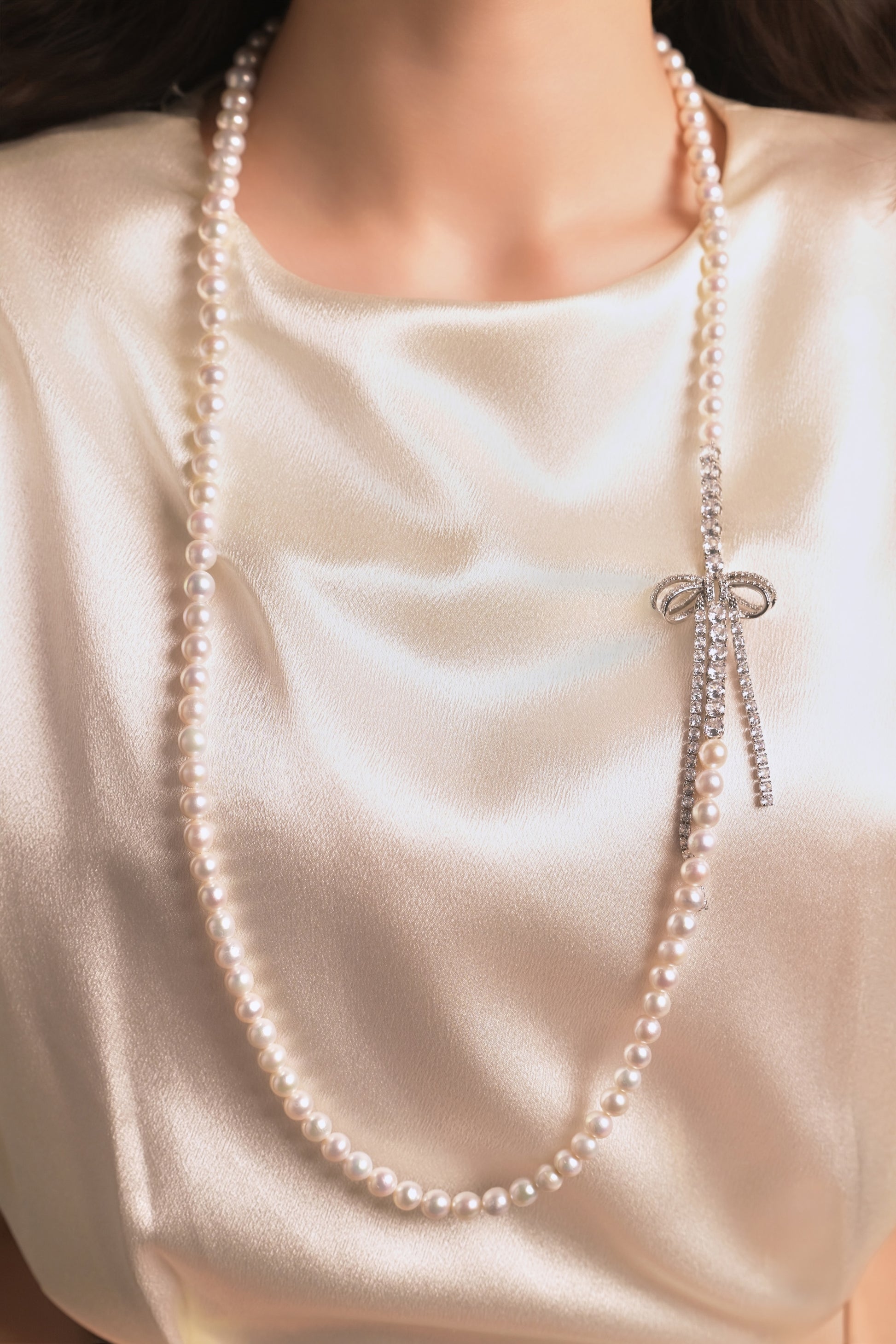 Crystal Silk Ribbon Freshwater Pearl Sweater Chain