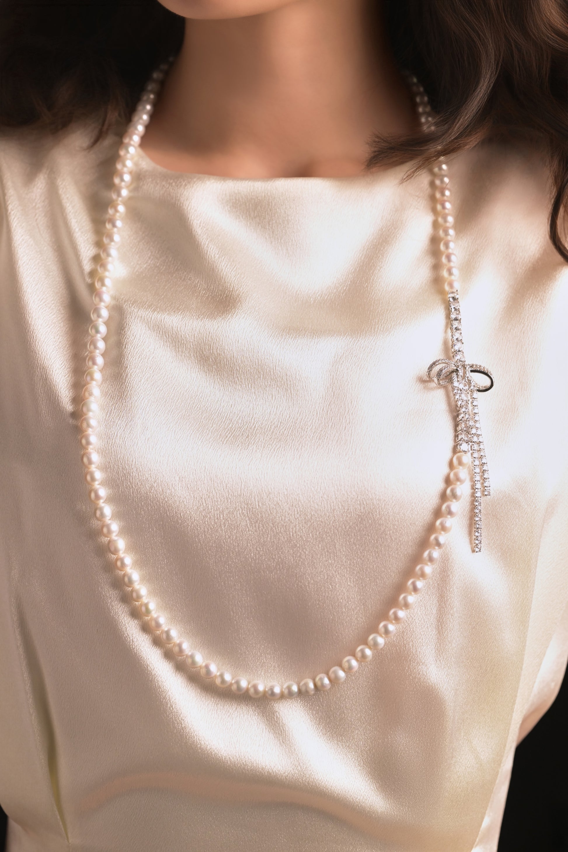 Crystal Silk Ribbon Freshwater Pearl Sweater Chain
