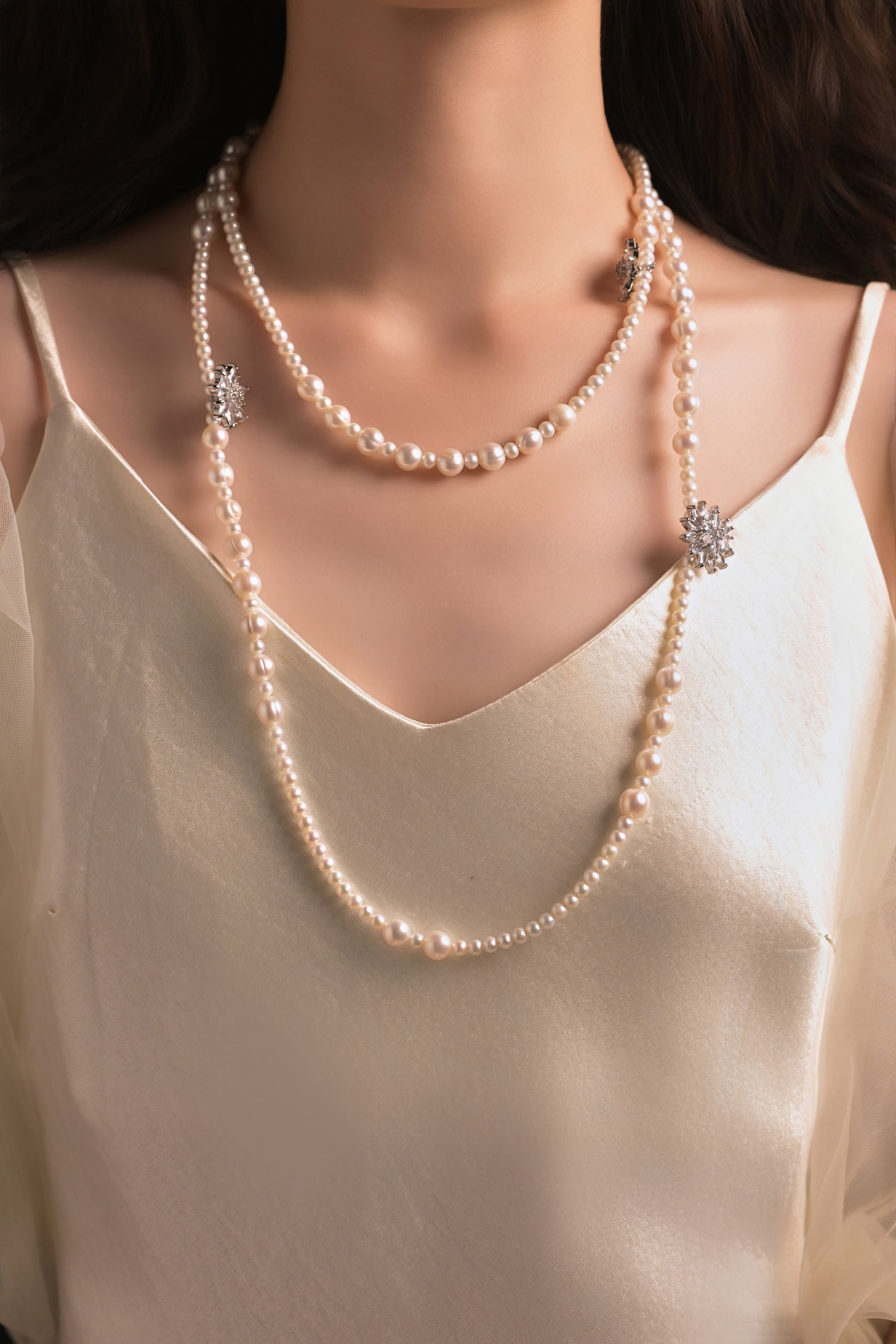 Silver Daisy Freshwater Pearl Sweater Chain