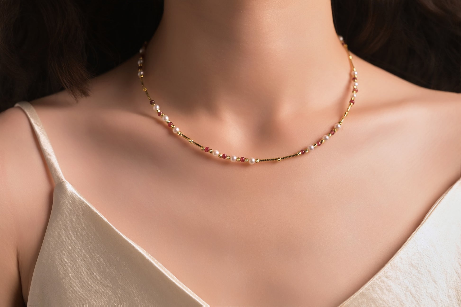 Ruby & Freshwater Pearl Gold Necklace