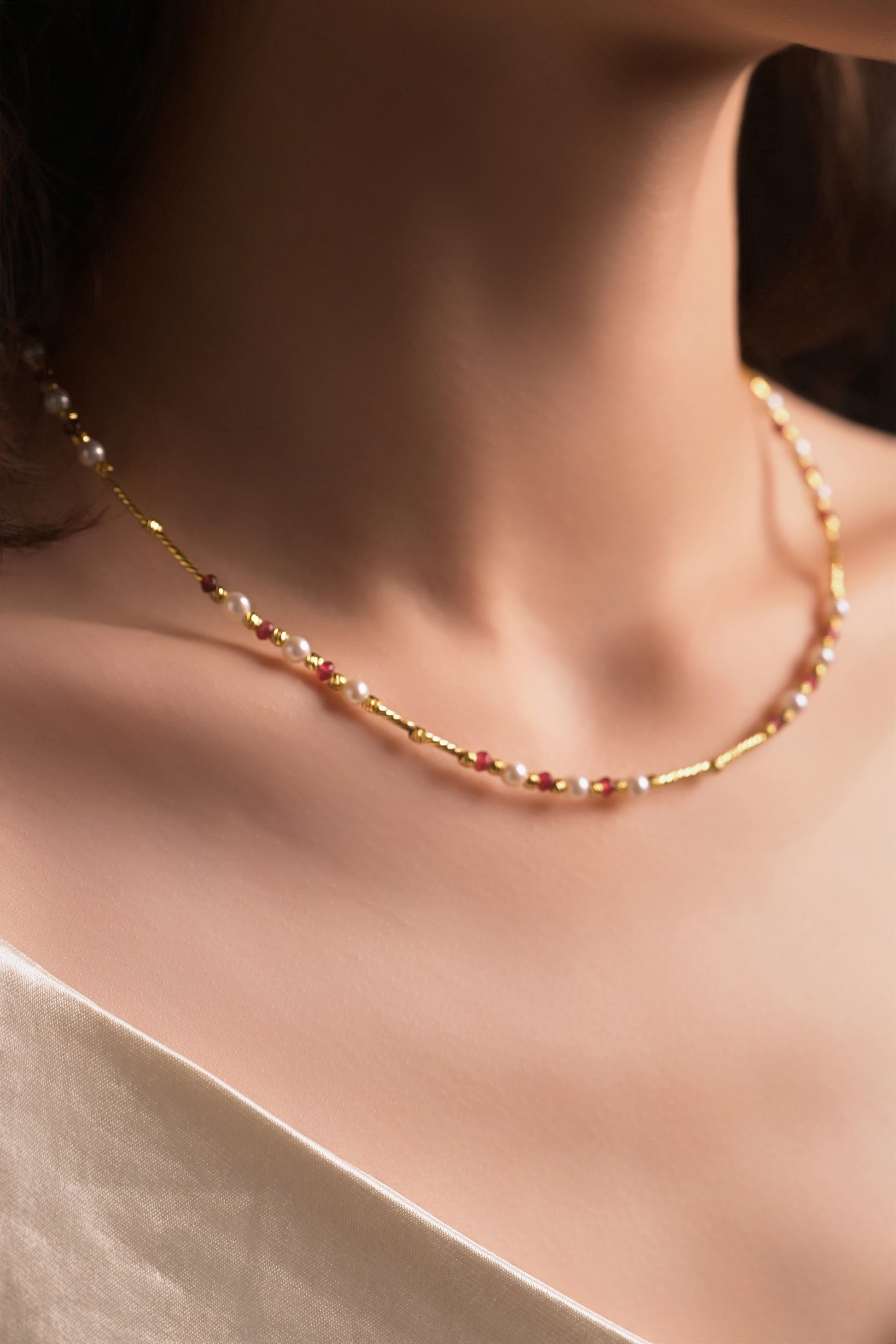 Ruby & Freshwater Pearl Gold Necklace