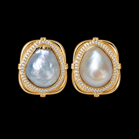 Vintage Court-Style Sea-Blue, Silver, and White Baroque Gold Earrings