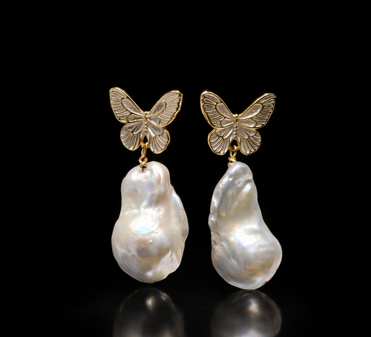 "Classical Butterfly" Baroque Earrings with Ancient Roman Carving of a Golden Butterfly