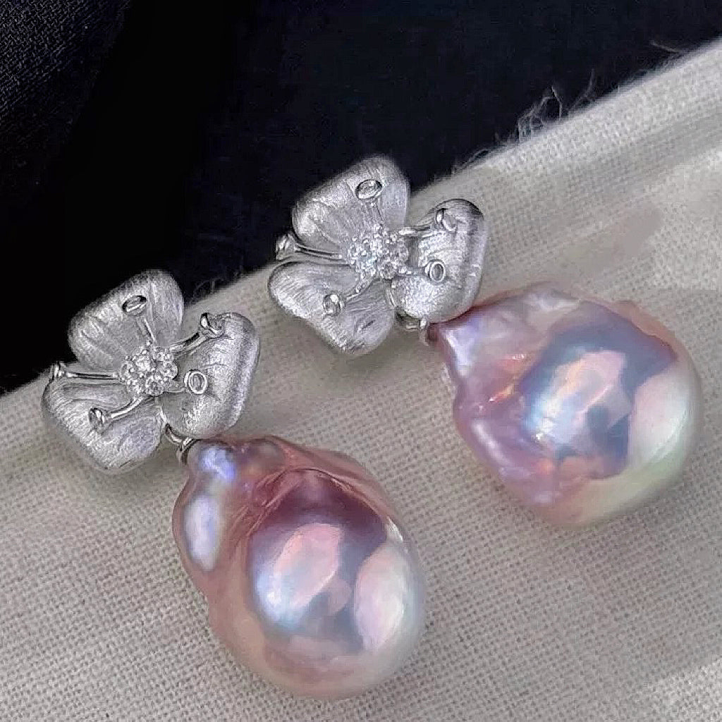 Pink Baroque Silver Flower Earrings