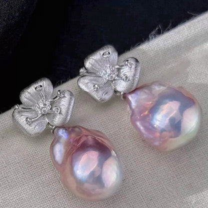 Pink Baroque Silver Flower Earrings