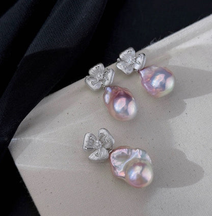Pink Baroque Silver Flower Earrings