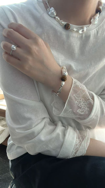 ‘Amber Sunset’ Tiger Stone&Baroque Bracelet & Necklace