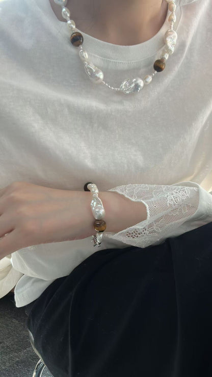 ‘Amber Sunset’ Tiger Stone&Baroque Bracelet & Necklace
