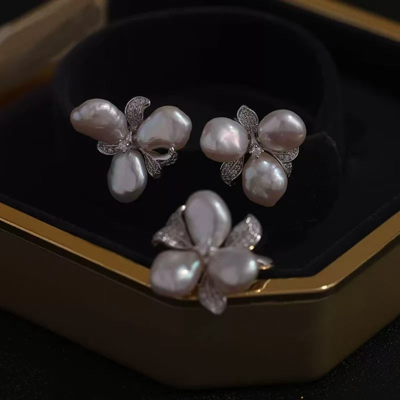 'Sakura whispering' freshwater three-leaf petal keshi pearl stud earrings & ring set