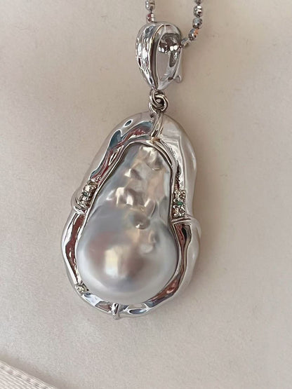 ‘Sanctum Mare’ Rare Glacier Blue Australian White Baroque Pearl Necklace