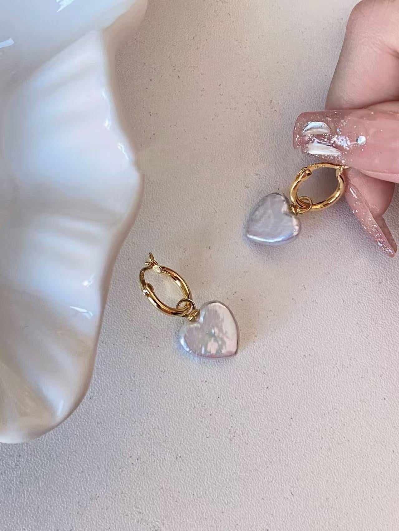 Peach Heart Cream Purple Flat Baroque Earrings